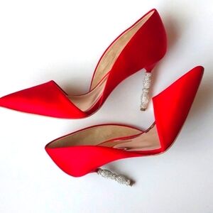 BADLEY MISCHKA Pump The Emily in Red Satin & Crystal Rhinestone Heel Size 12 M